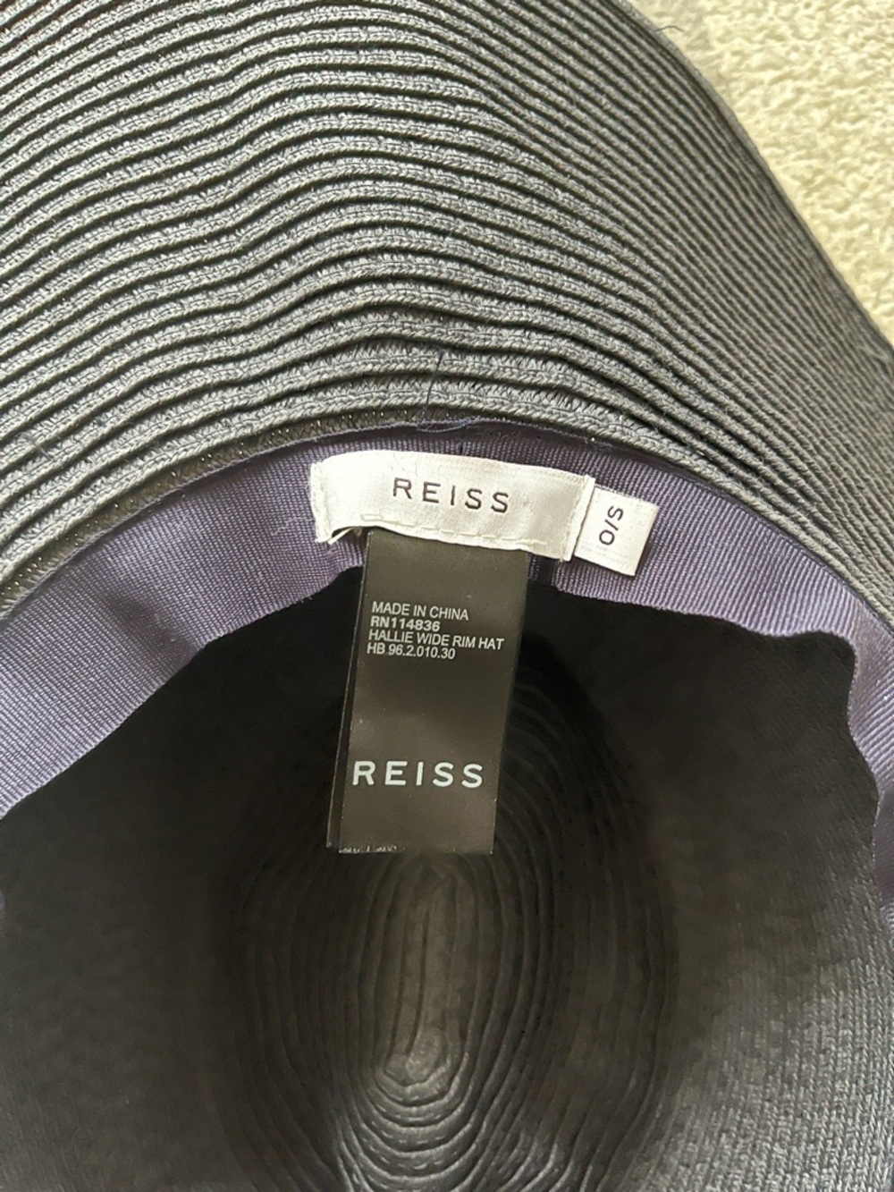 Reiss Wide-Brim Straw Sun Hat with Ribbon Trim Wedding Beach Navy - Picture 6 of 7